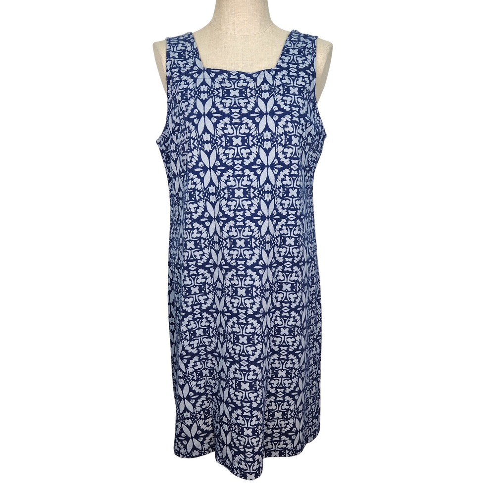 Fresh Produce Blue Geometric Print Cotton Shift Dress XL Square Neck Made in USA
